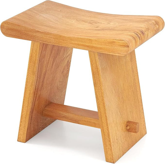 Giantex Teak Shower Bench Stool for Bathroom, Fully Assembled Wooden Bath Seat with Curved Seat, Waterproof Spa Shaving Bench Foot Rest for Indoor Outdoor Use, 19.5''L x 12''W x 18''H