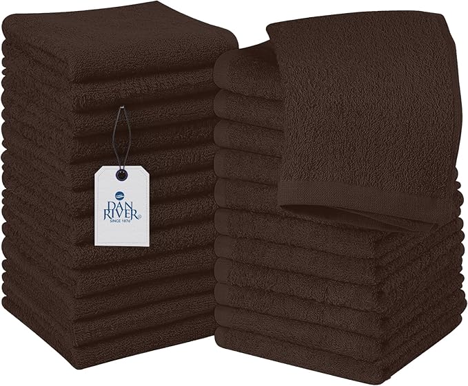 DAN RIVER 24 Pack Wash Cloths for Showering [12x12] - 100% Cotton Washcloths Premium Quality Flannel Face Cloths for Bathroom, Highly Absorbent and Soft Feel Wash Clothes, Brown