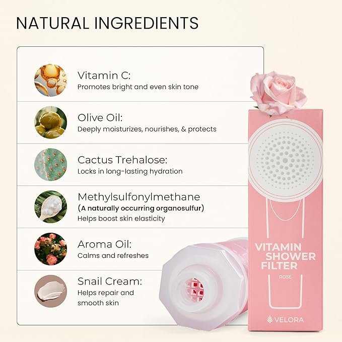 VELORA Vitamin C Shower Filter - Rose-Scented Aromatherapy Shower Water Filter and Softener - Universal Showerhead Bathroom Attachment - Replenish Dry Skin, Soften and Nourish Hair