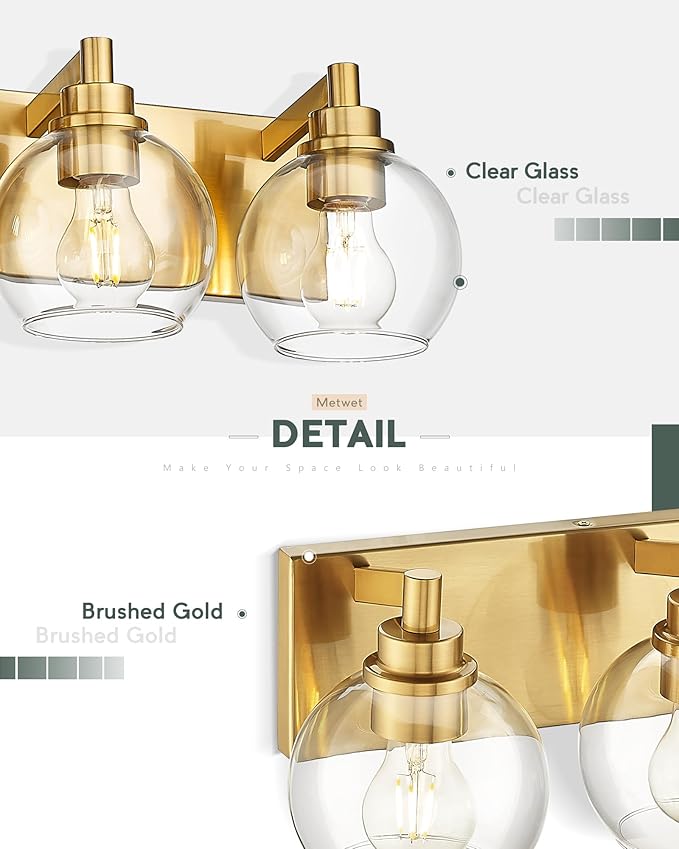 Bathroom Light Fixtures, 3-Light Brushed Gold Vanity Light, Modern Wall Sconces with Clear Glass Globe Shade, Bathroom Wall Lights for Mirror Kitchen Bedroom Hallway Living Room, VL195-GD-3