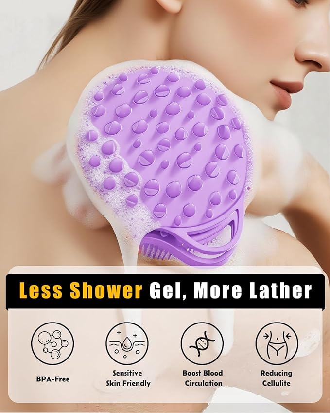 2 in 1 Silicone Body Scrubber, Anti Cellulite Massage Scrubber, Exfoliating Shower Brush for Men & Women, Removes Dead Skin, Reduces Cellulite, Improves Circulation, Fast Dry, Non Slip (1PC, Lavender)