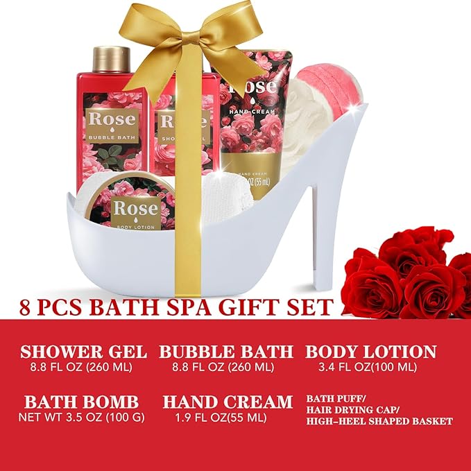 Romantic Rose Gifts for Women Spa Gift Basket, Bath Set with Bath Bombs & Body Lotion, Anniversary Valentine's Day Gifts for Her, Wife, Girlfriend