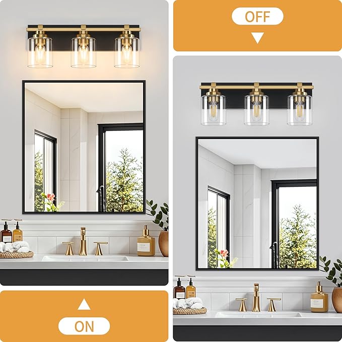 3 Light Modern Bathroom Light Fixtures Over Mirror, Black Gold Vanity Lights for Bathroom Wall Sconces with Clear Glass Shades, E26 Socket (Bulbs Not Included)