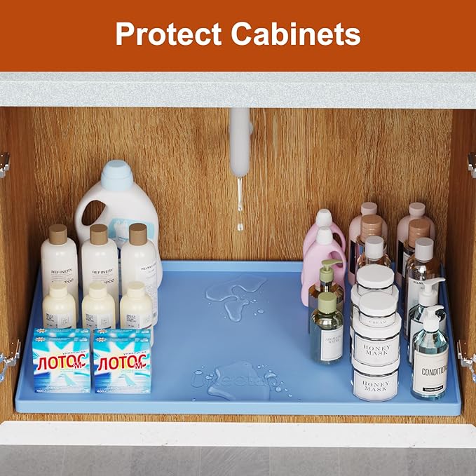 22" x 19" Heavy Duty Waterproof Silicone Mat with Raised Edge, Under Sink Mat for Kitchen & Bathroom, Kitchen Cabinet Liner, Multi-Purpose for Storage & Protection, Blue