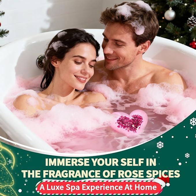 Christmas Bath Bombs Stocking Stuffers for Women Mom Her Gifts Set, Organic Heart Shaped White Elephant Gifts for Adults, Handmade Natural with Rose Essential Oil, Perfect Teen Girl Gifts for Wife