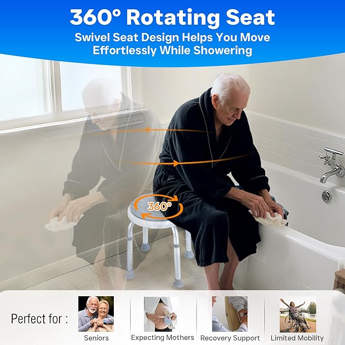 360° Swivel Shower Seat, FSA/HSA Eligible, 6-Height Adjustable Bath Stool with Non-Slip Seat & Rubber Tips, Easy Assembly, Ideal for Seniors, Handicap, Pregnant – 350 lbs Capacity