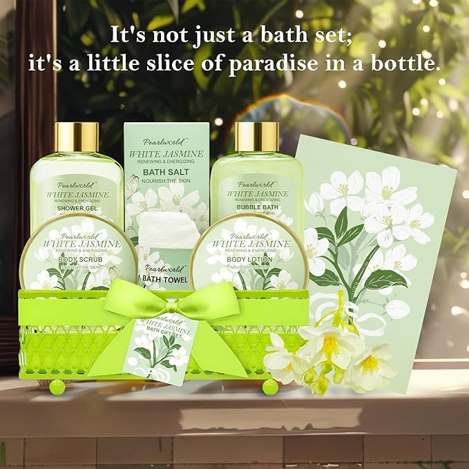 Bath Gift Baskets for Women, 9pc Jasmine Spa Gifts Set for Women, Self Care & Body Relaxing, Birthday Gift Basket, Mother's Day Gifts, Christmas, Anniversary Bath Gift Set