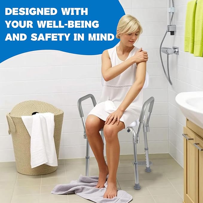 Shower Chair with Back and Padded Arms, Adjustable Height Shower and Bath Bench, Heavy Duty Bath Stool with Nonslip Feet, Tub Chair for Elderly with 350 lb Capacity