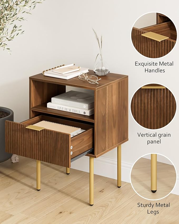 Masupu Night Stand,Mid-Century Modern Bedside Table with Storage Drawer and Open Wood Shelf,Small Gold Frame Side Table for Bedroom,Living Room, Walnut