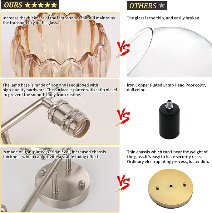 Bathroom Light Fixtures, 3-Light Vanity Wall Light Over Mirror with Amber Tulip Glass Shade for Bedroom Living Room (Bulb Not Included), Satin Nickel