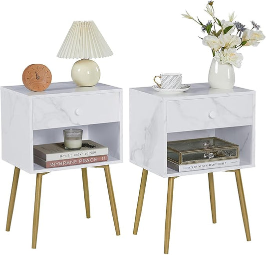 VECELO Nightstands Set of 2, Mid Century Modern End Bedside Table, Night Stand with Storage Drawer and 2 Tiers Open Shelf for Small Place, Bedroom, Living Room, Easy Assembly, White Gold