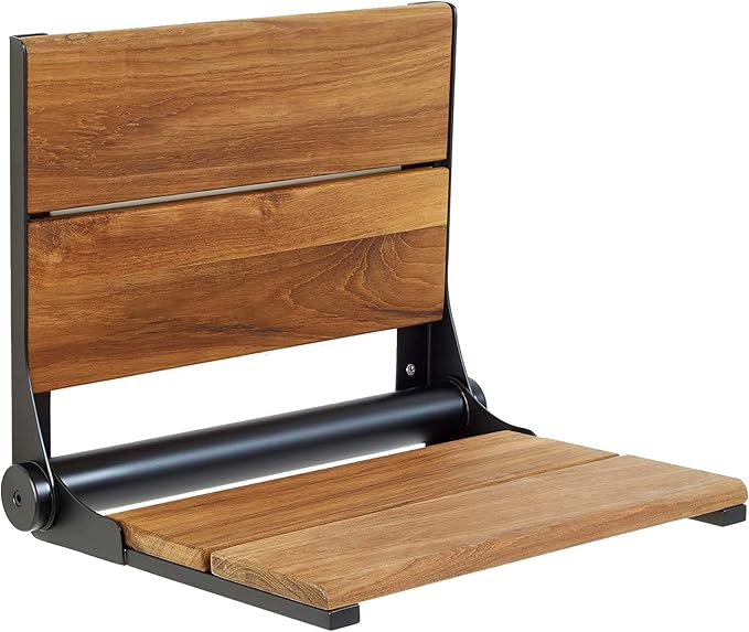 Teak Shower Seat - Type 304 Stainless Steel/Contoured 1" Natural Wood Slats/ADA Folding Wall Mount Bench/Matte Black / 18" x 16"