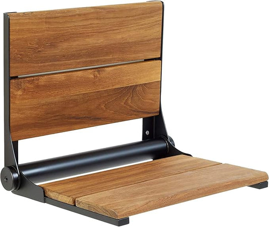 Teak Shower Seat - Type 304 Stainless Steel/Contoured 1" Natural Wood Slats/ADA Folding Wall Mount Bench/Matte Black / 18" x 16"