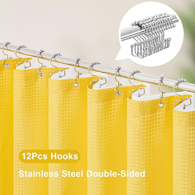 3 in 1 Stall Half Size Yellow Shower Curtain Set-36 W x 72 H, Modern Waffle Waterproof Fabric and PEVA Liner Set with Stainless Steel Hooks