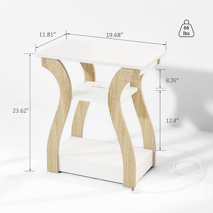 End Table with Charging Station, Side Table with USB Ports and Outlets, 3 Tier Nightstand Sofa Table for Small Spaces, Beside Table with Storage Shelf for Living Room, Bedroom