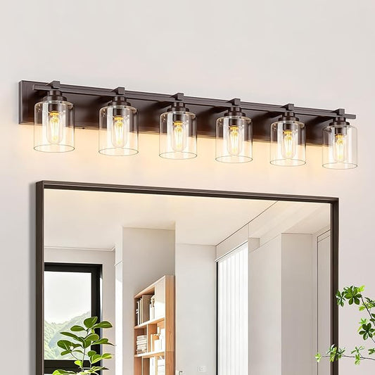 6 Light Modern Bathroom Light Fixtures Over Mirror, Bronze Finish Vanity Lights for Bathroom Wall Sconces with Clear Glass Shades, E26 Socket (Bulbs Not Included)