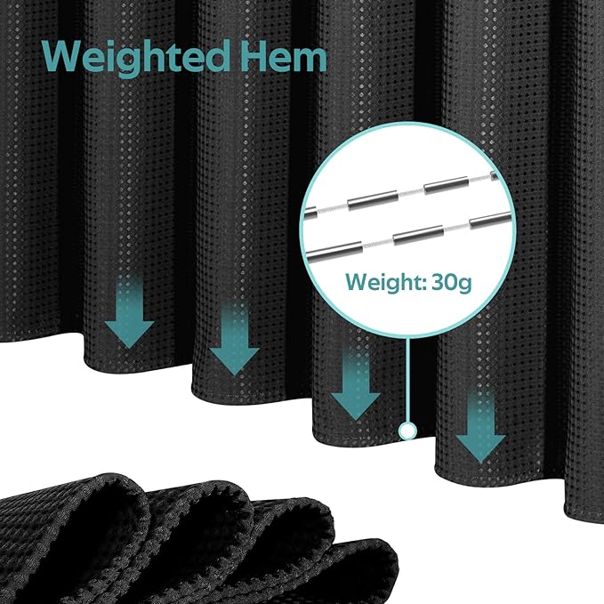 3 in 1 Shower Curtain Set, Waffle Shower Curtain and Liner Set with 12 Double Sided Shower Curtain Hooks, 258GSM Luxury Weighted Cloth Shower Curtains for Bathroom, 72 W x 84 H, Black