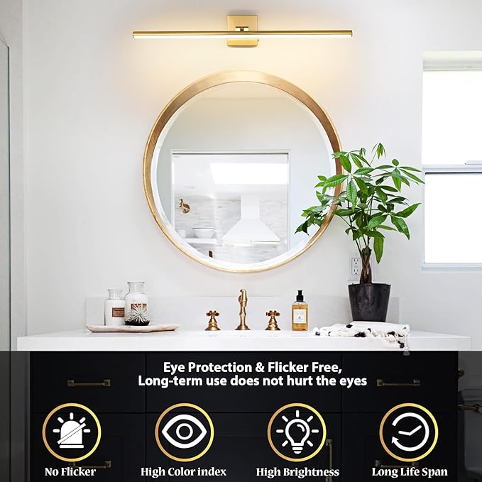 32 Inch LED Bathroom Vanity Light (3000K/4000K/6000K, Dimmable), Brass Modern Bathroom Light Fixture Over Mirror, Vanity Light Bar with Angle Adjustable