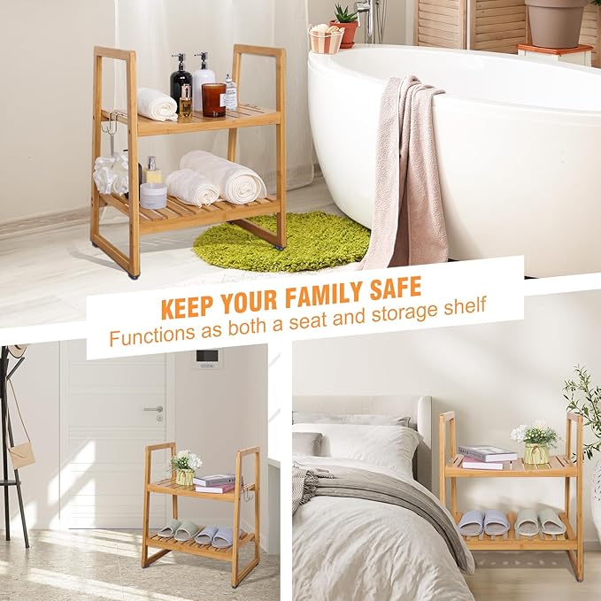 VVW 21.6 Inch Bamboo Shower Bench Seat Chair Stool with Arms for Inside Shower, Heavy Duty Spa Bath Chair with 2 Movable Hooks, Non-Slip Feet for Bathroom Accessories (Beige)