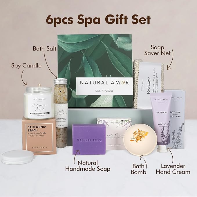 Natural Amor Handmade Spa Gift Set 6 pcs– Includes Citrus Bath Bomb, Lavender Hand Cream, Soap, Bath Salt, Candle – Relaxing Self-Care Kit for Women
