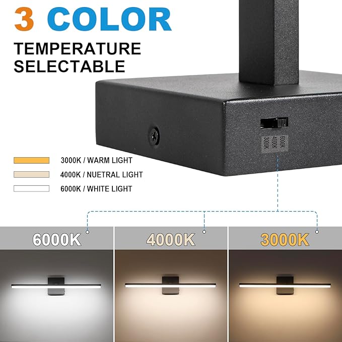 24 Inch LED Bathroom Vanity Light (3000K/4000K/6000K, Dimmable), Black Modern Bathroom Light Fixture Over Mirror, Vanity Light Bar for Bathroom with Angle Adjustable