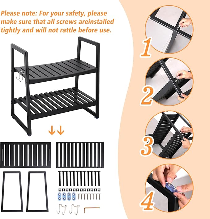 VVW 24.4 Inch Bamboo Shower Bench Seat Chair Stool with Arms for Inside Shower, Heavy Duty Spa Bath Chair with 2 Movable Hooks, Non-Slip Feet for Bathroom Accessories (Black L)