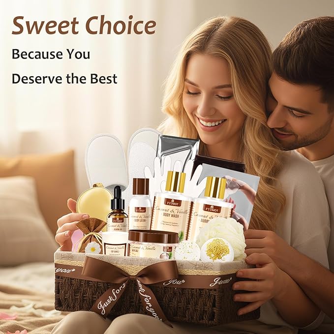 Bath and Body Gift Basket Set for Women - Coconut Vanilla Spa Gift Basket - Premium 21‑Piece Luxury Bath & Body Gift Set for Self Care - Gift ready for Mothers Day, Christmas, Birthday Gifts