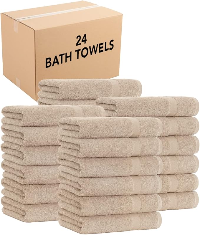 Arkwright True Color Solid Bath Towels - Soft 100% Cotton Bulk Bathroom Towel Set of 24 - Lightweight 475 GSM, Absorbent, and Quick Dry, 25 x 52 in, Beige