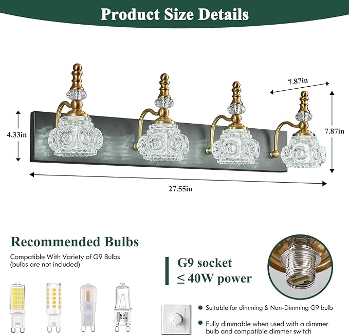 Bathroom Light Fixtures, Modern Glass Crystal Bathroom Vanity Light Vintage Bathroom Lighting Fixtures Over Mirror 4 Light Vanity Lights G9 Bulb (27.55 Inch, Black Gold)