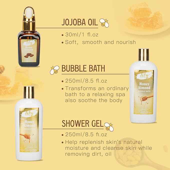 Christmas Gifts for Women - 7-Piece Honey Almond Spa Gift Set, Bath & Body Gift Set, Bath Collection with Bath Bomb | Mothers Day Gifts for Mom, Fathers Day, Birthday Gifts, Holiday Present for Women
