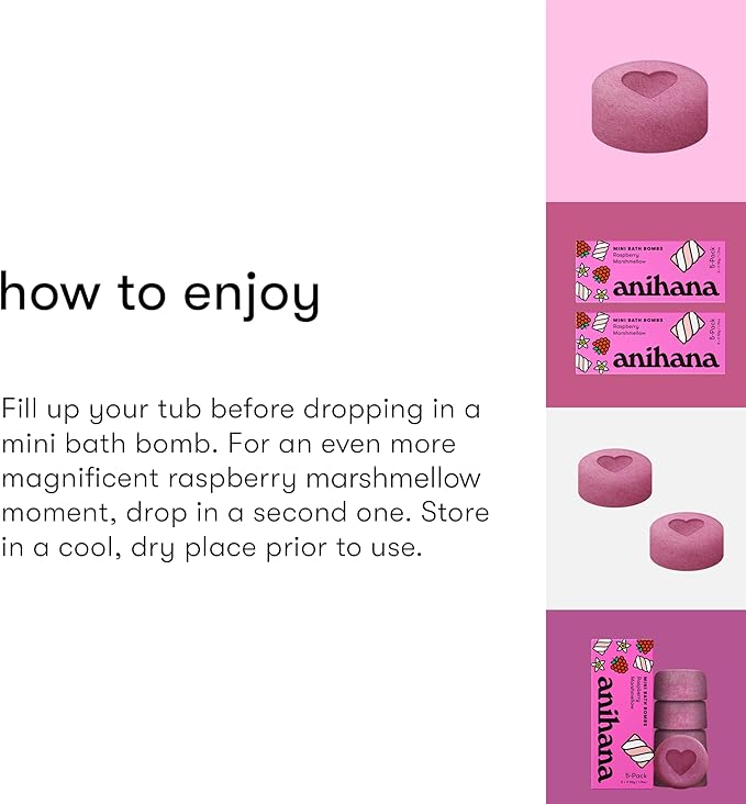 ANIHANA Mini Bath Bombs with Coconut Oil, Paraben Free, Hand-Crafted Luxury Fizzers, Refreshing Raspberry Marshmellow Scent, 1.76 oz Each, 5 Pack
