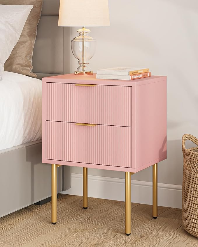 Masupu Night Stand,Mid-Century Modern Bedside Table with 2 Storage Drawer,Small Gold Frame Side End Table for Bedroom,Living Room, Pink