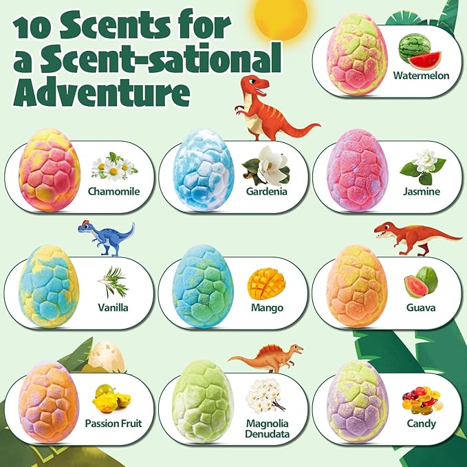 Dinosaur Bath Bombs for Kids with Surprise Inside, 10 Pack Natural Dino Eggs with Exclusive Carnivorous Dinosaur Toys, Fizzing Fun Gifts for Boys Girls, Dinosaur Toys for Kids Ages 3-9