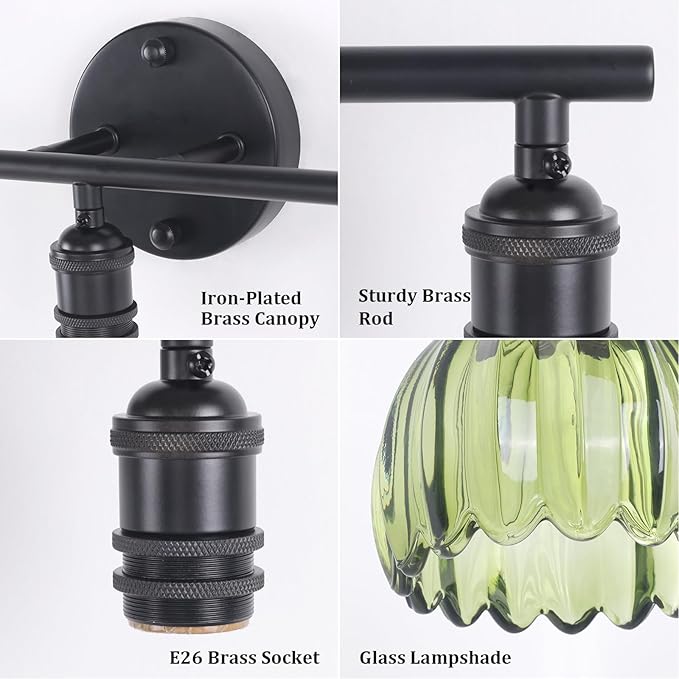 Bathroom Light Fixtures, 3-Light Black Vanity Wall Light Over Mirror with Green Tulip Glass Shade for Bedroom Living Room (Bulb Not Included)