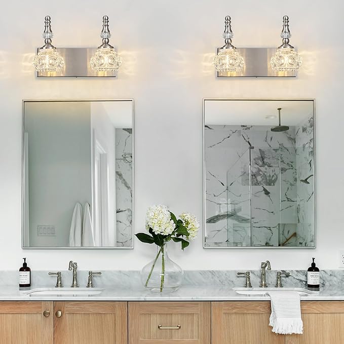 Modern Glass Crystal Vanity Light - Vintage Bathroom Lighting Fixtures Over Mirror, 2 Light Vanity Lights G9 Bulb (11.81 Inch, Nickel)