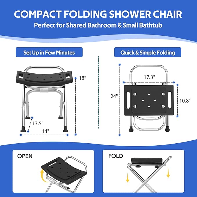 Meday Folding Shower Chair for Inside Shower - Stainless Steel Foldable Shower Seat with Cushion - 400lbs Bathroom Stool, Collapsible Portable Travel Bath Bench for Elderly Senior Handicap & Disabled