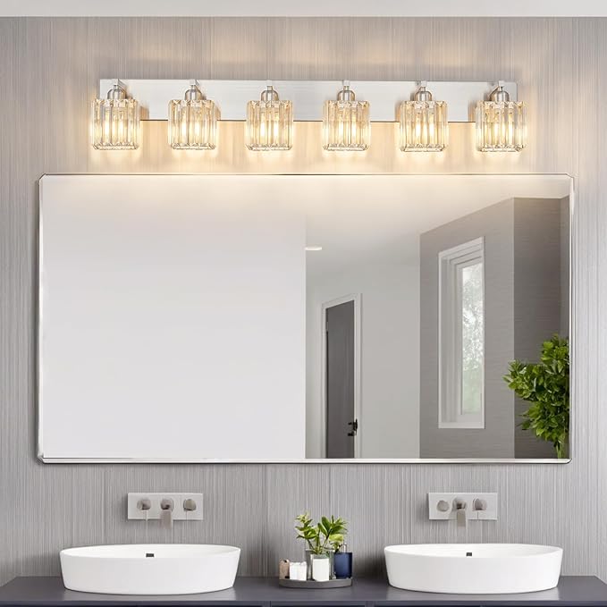 Modern Vanity Light 6-Lights Brushed Nickel Vanity Light Crystal Bathroom Wall Light Bathroom Light Fixtures