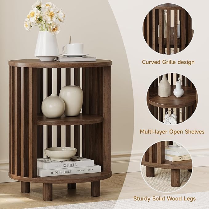 Round End Table, Wood Bedside Table, Mid Century Modern Nightstand with Open Storage Shelf, 3 Tier Small Side Tables for Living Room, Bedroom, Curved Profile Design, Walnut(1-Pack)