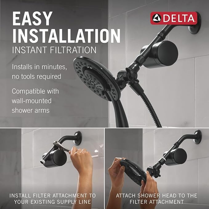 Delta Faucet 4-Setting In2ition 2-in-1 Dual Shower Head with Clarifi Standard Shower Filter Attachment and Filter, Black Shower Head with Filter, Filtered Shower Head, Matte Black 7SF110BBL
