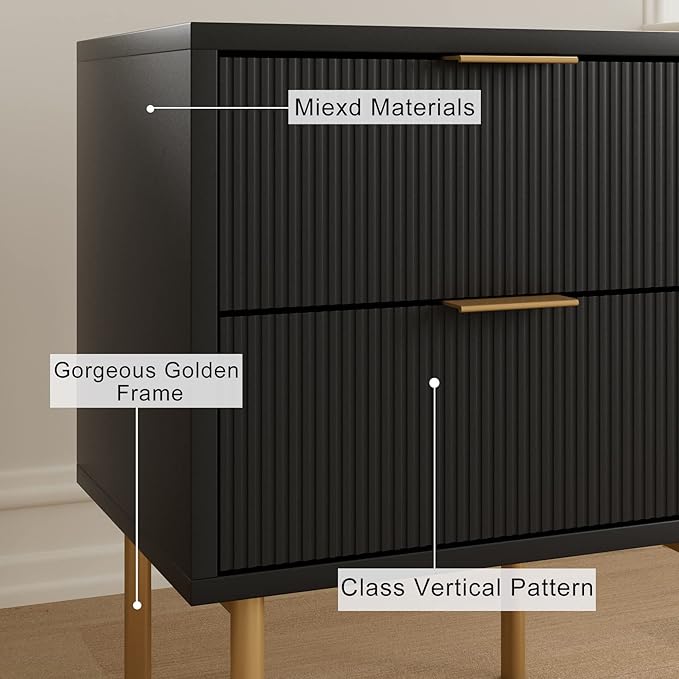 Masupu Nightstand,Mid-Century Modern Bedside Table with 2 Storage Drawer,Small Gold Frame Side End Table for Bedroom,Living Room, Black