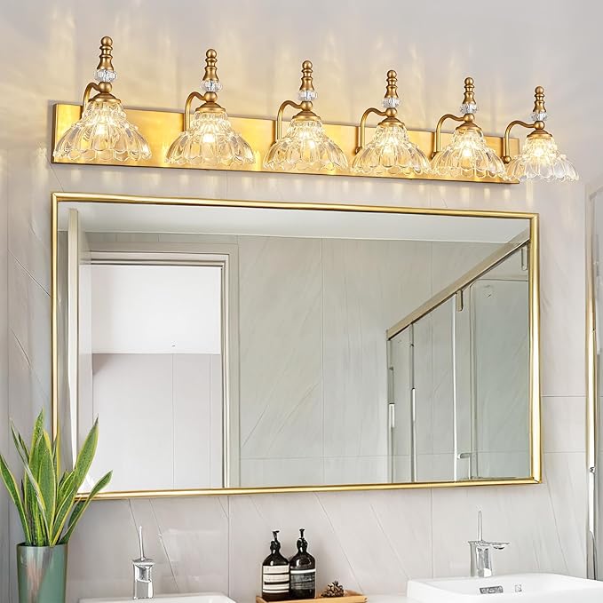 Vintage Bathroom Vanity Light, 6-Light Brass Vanity Lighting Fixture with Flower Glass Shade, Bathroom Lighting Fixtures Over Mirror