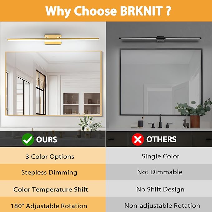 40 Inch LED Bathroom Vanity Light (3000K/4000K/6000K, Dimmable), Brass Modern Bathroom Light Fixture Over Mirror, Vanity Light Bar with Angle Adjustable