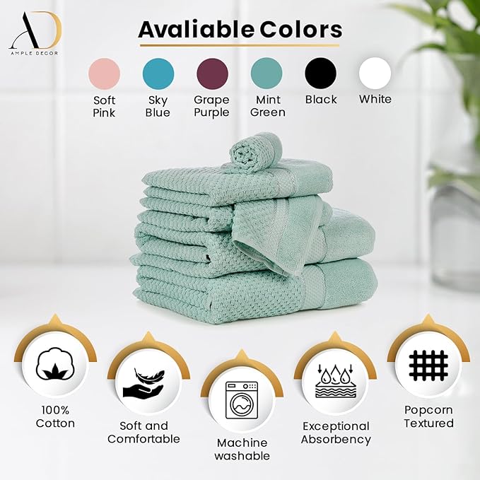Ample Decor Mint Green Wash Cloth Set of 5 100% Cotton - Quick Dry, Highly Absorbent, Popcorn Textured - Mulaayam Collection - 12 X 12 Inch