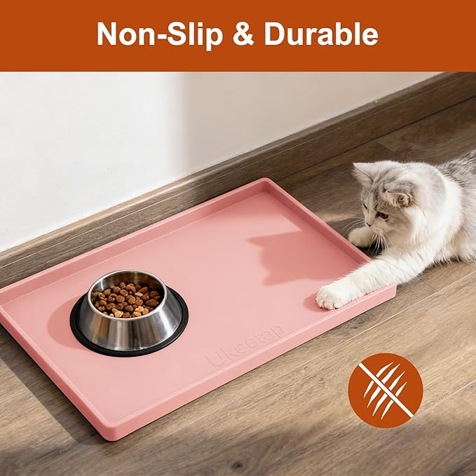 19” x 12” Heavy Duty Waterproof Silicone Mat with Raised Edge, BPA Free Non-Slip Dog & Cat Food Mat, Feeding Mat for Food and Water Bowls, Spill Proof Mat to Protect Floors, Pink