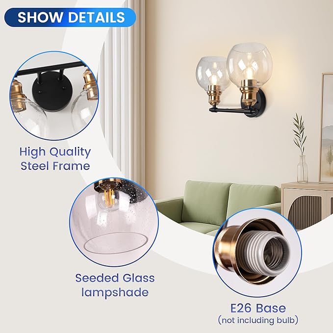 Bathroom Vanity Light Fixtures, 2-Light Bathroom Light Fixtures, Modern Bathroom Vanity Light Over Mirror with Seeded Glass Shade, Farmhouse Wall Sconces Lighting for Bedroom Hallway