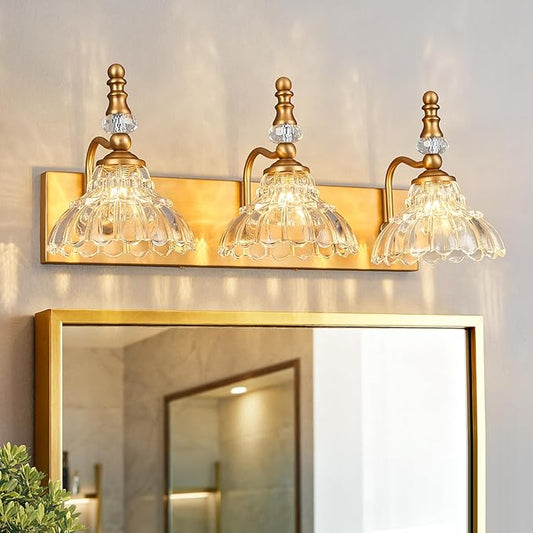 Vintage Bathroom Vanity Light, 3-Light Brass Vanity Lighting Fixture with Flower Glass Shade, Bathroom Lighting Fixtures Over Mirror