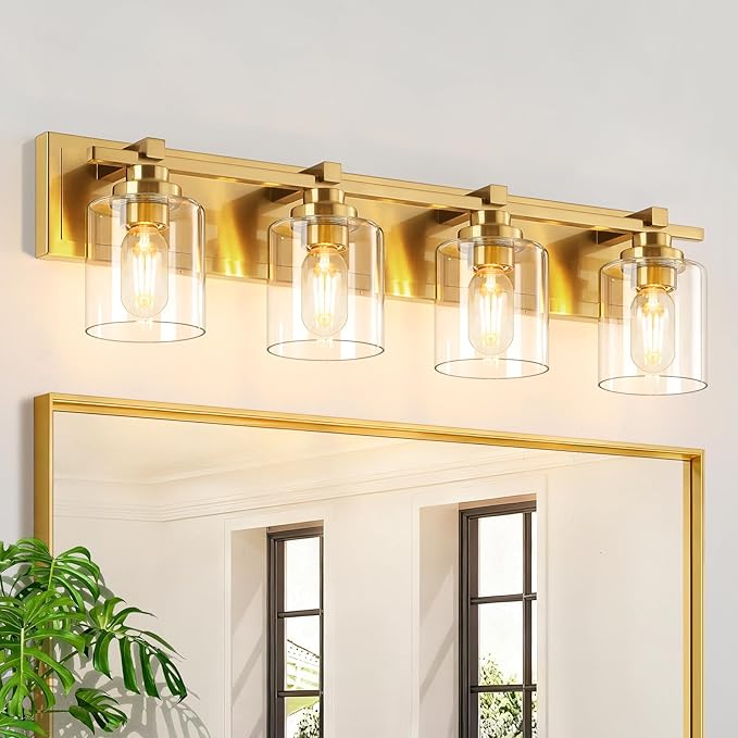 4 Light Modern Bathroom Light Fixtures Over Mirror, Brass Finish Vanity Lights for Bathroom Wall Sconces with Clear Glass Shades, E26 Socket (Bulbs Not Included)
