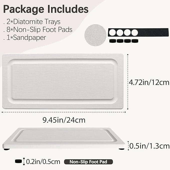 2 PCS Fast-Drying Stone Trays for Bathroom Sink & Kitchen Counter, Water Absorbing Diatomite Sink Coasters, Vanity Tray, Hand Soap Holder with Anti-Skid Pads (9.5" x 4.7" White)