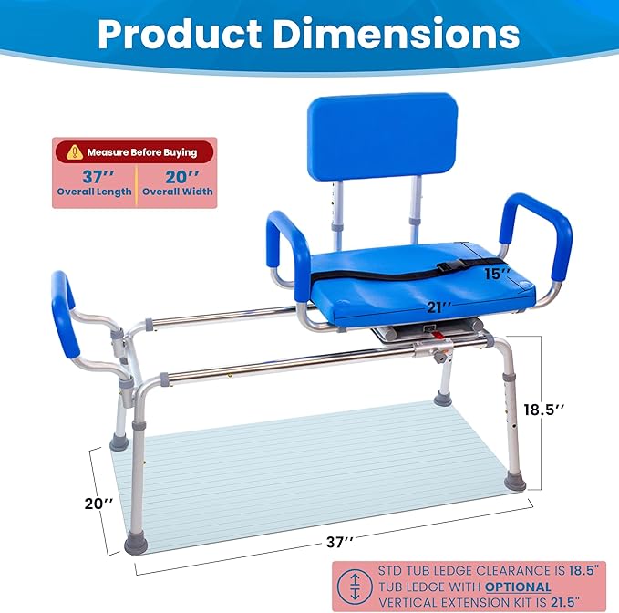Carousel Sliding Shower Chair Tub Transfer Bench with Swivel Seat, Bariatric, Premium Padded with Pivoting Arms, High Capacity, Heavy Duty for Tubs, Inside Shower, for Handicap & Seniors, Blue