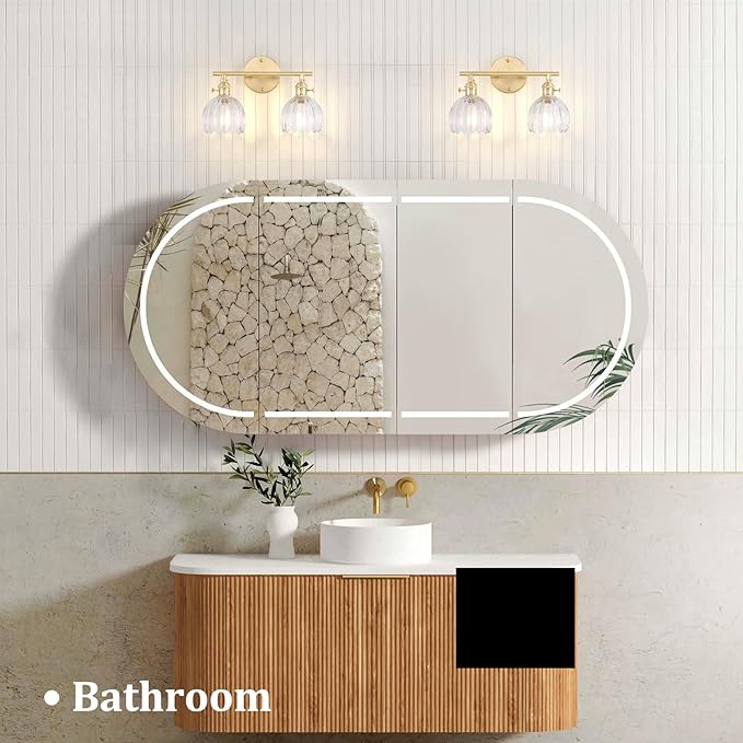 Bathroom Light Fixtures, 2-Light Brass Vanity Wall Light Over Mirror with Clear Tulip Glass Shade for Bedroom Living Room (Bulb Not Included)